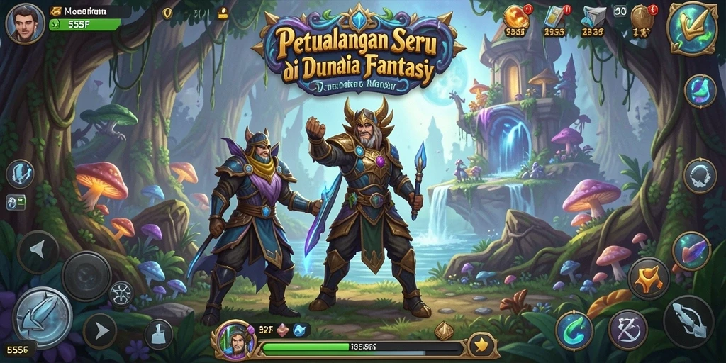 Screenshot utama 555F menampilkan karakter dalam aksi di dunia petualangan.