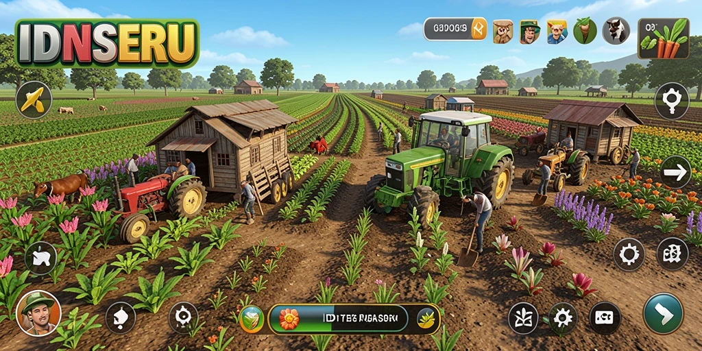 Screenshot dari gameplay <strong>IDNSERU</strong> yang menunjukkan ladang subur dan aktifitas bertani.