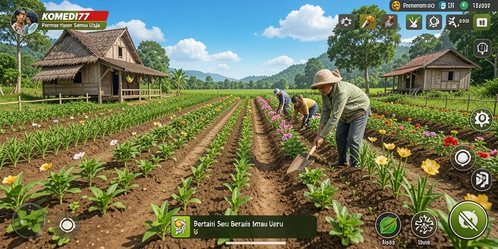 Screenshot utama KOMEDI77 menampilkan gameplay bertani yang seru dan interaktif.