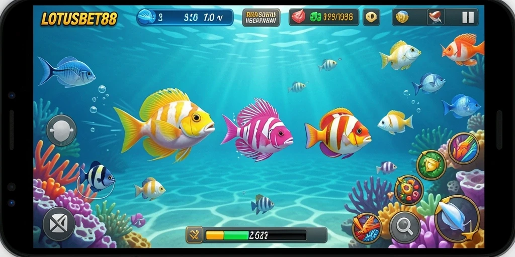 Tampilan gameplay seru di LOTUSBET88 dengan aksi menembak ikan.
