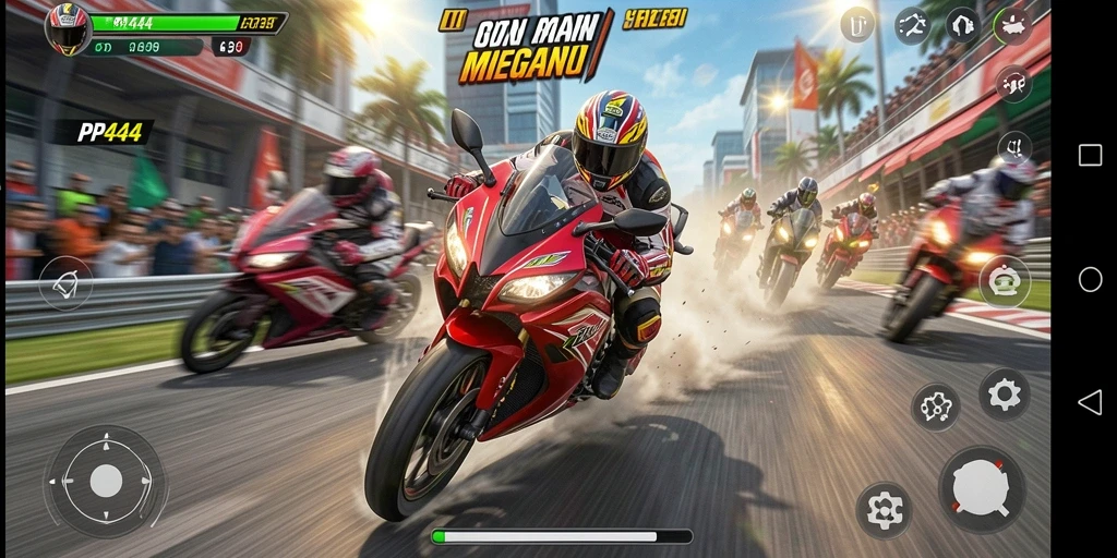 Gameplay seru dengan balapan motor mendebarkan.