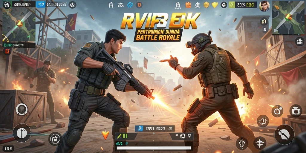 Tangkapan layar utama RVIP3 menampilkan aksi pertempuran intens dalam Battle Royale.